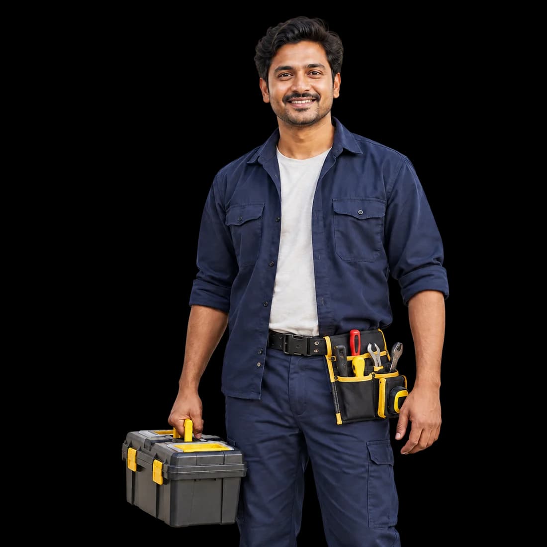 Illustrative portrait of an Indian home-service professional carrying a toolbox