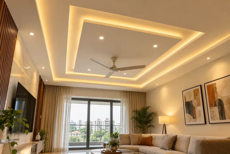 A white recessed false ceiling with warm cove lighting