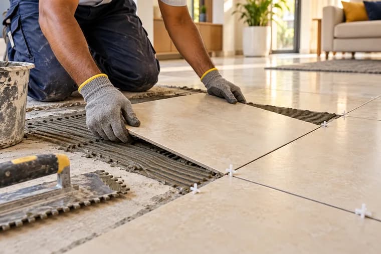 Illustrative close-up of a tradesperson laying a beige floor tile with spacers